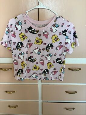 Hello Kitty Pink All-Over Character Crop Tee with Multicolor Prints